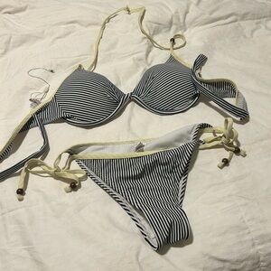 Striped Black & White Tie-Side Bikini Set with Yellow Trim